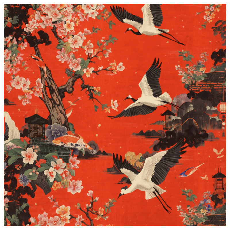 Cranes Cherry Blossoms Comforter, King