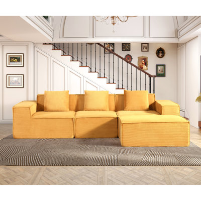 Canapé-lit modulaire en velours côtelé jaune gingembre, montage rapide, configurations modulaires, spacieux - Canapé avec 3 coussins, montage facile