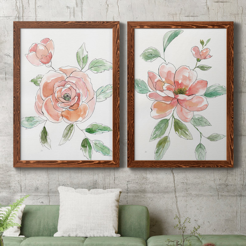 Rose Contour - ensemble de 2 peintures sur toile encadrées, Cadre en érable, H 31,5 po x l 47 po x P 1,5 po