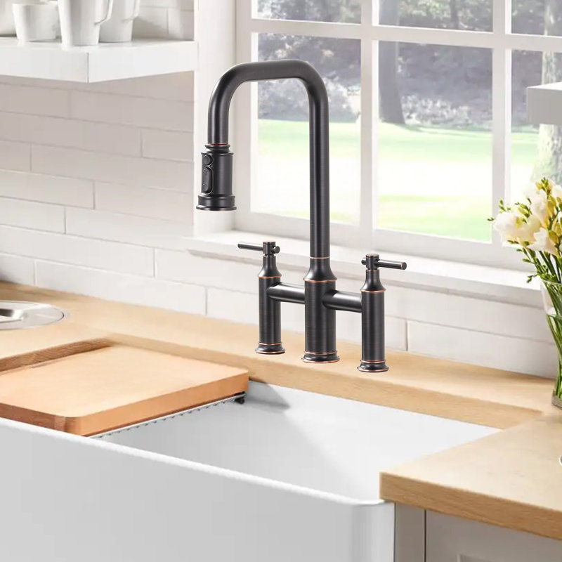 Robinet de cuisine pont à deux poignées avec bec pivotant à 360 degrés bronze huilé pivotant, Bronze frotté à l'huile