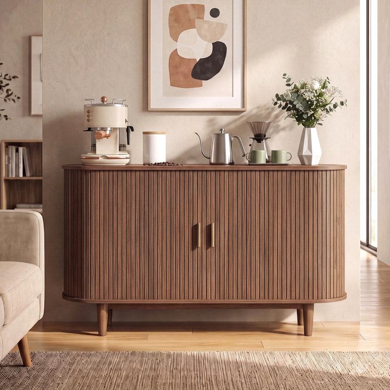 Buffet Mid-Century moderne avec portes coulissantes et tablettes réglables, H 29,5 po x l 55,1 po x P 15,7 po, Walnut
