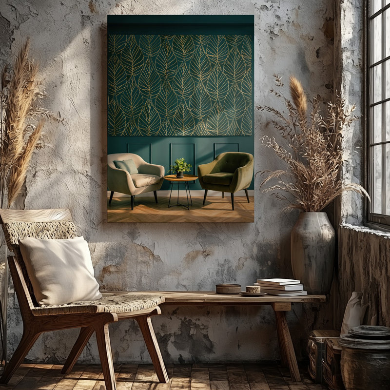 Toile d'une élégante scène intérieure avec deux fauteuils modernes, l'un dans un art mural, un tissu gris doux et l'autre dans un éclat pour art mural sur toile