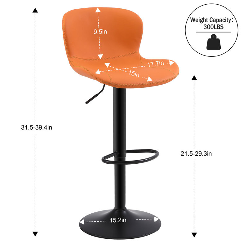 Orange Adjustable Swivel Metal and Leather Bar Stools Set
