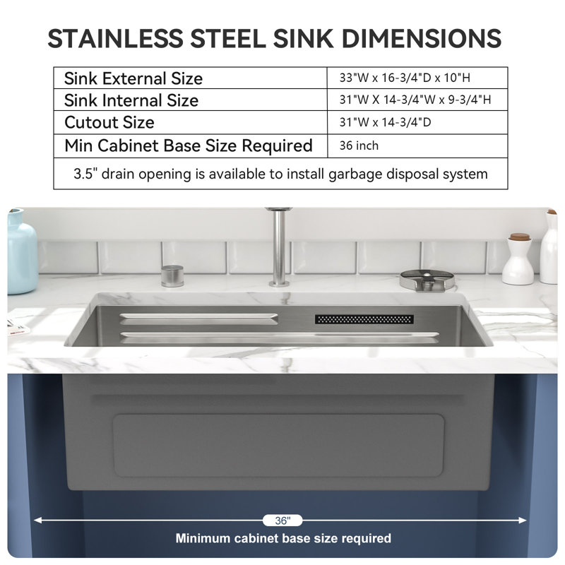 33 Inch Undermount Waterfall Workstation Stainless Sink Dimension Diagram