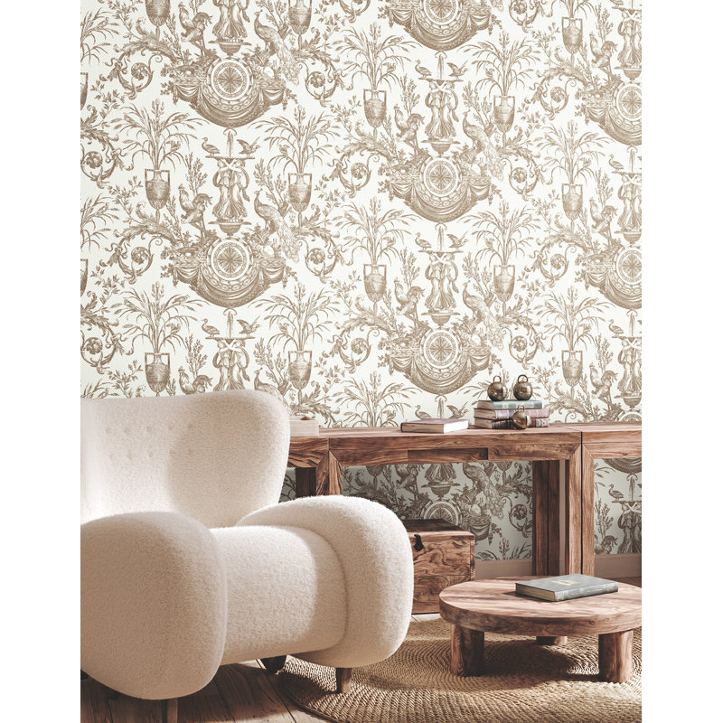 Avian Fountain Toile Wallpaper Roll, Mink