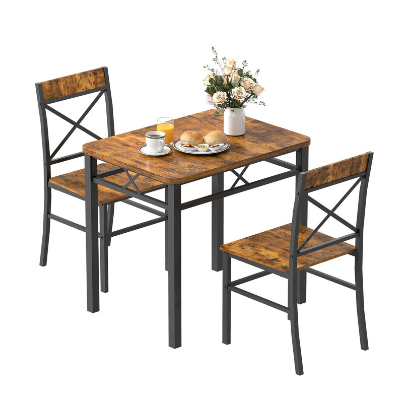 Ensemble de salle à manger 3 pièces en brun rustique, ensemble de table de salle à manger avec 2 chaises en forme de X, pour les petits espaces et les appartements