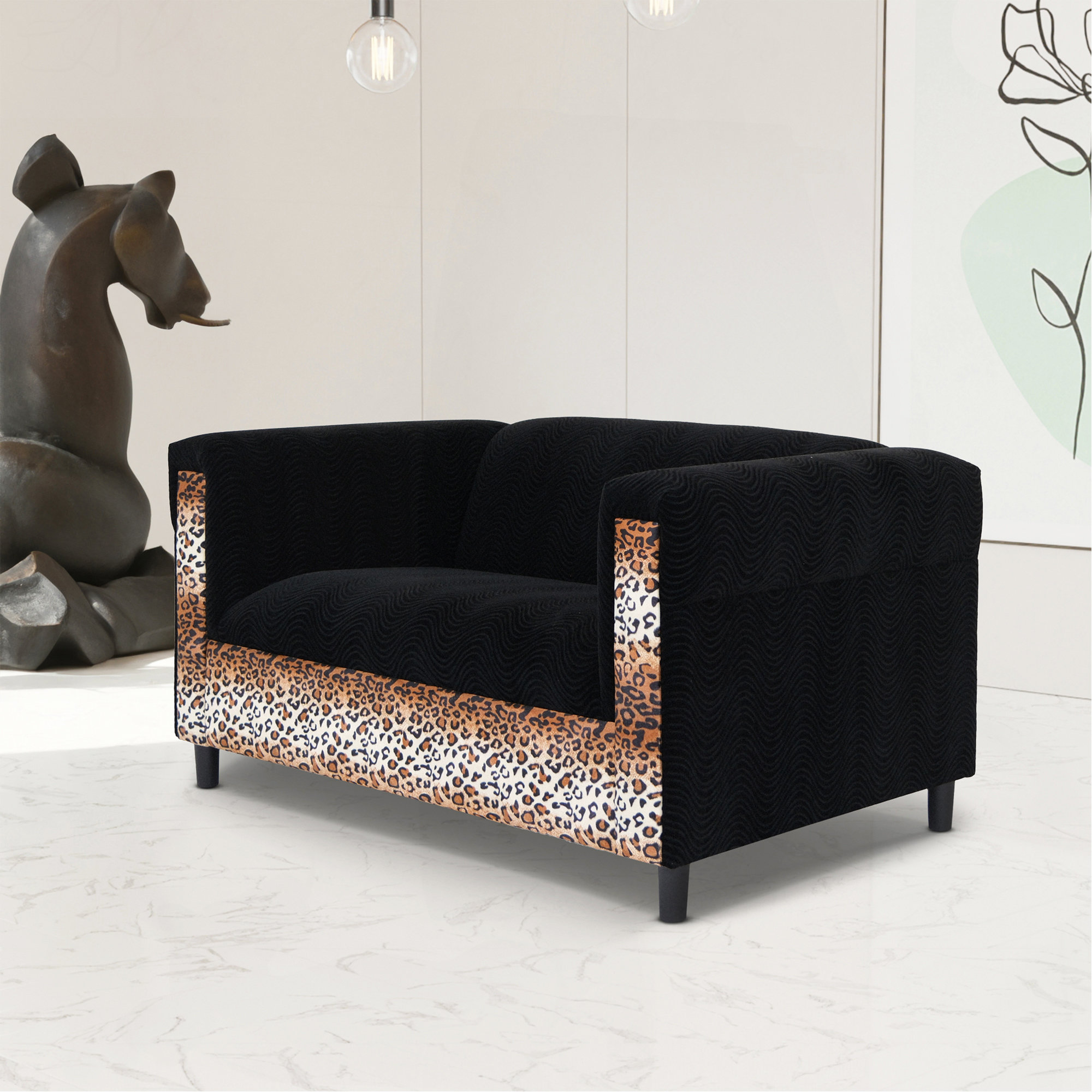 Latitude Run® Black Velvet Loveseat Sofa For Living Room With Leopard ...