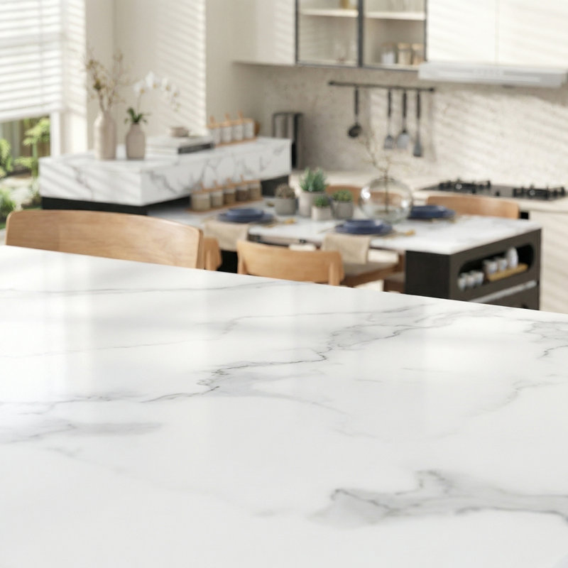The Black And Marble White Kitchen And Dining Set Features An Extendable Dining Table With An Extra-Long Folding Island, Sockets, Drawers, Brake Locks, And Practical Storage Cabinets.