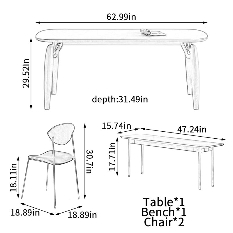 Ensemble de table de salle à manger Delicate, H 29,52 po x L 62,99 po x l 31,49 po