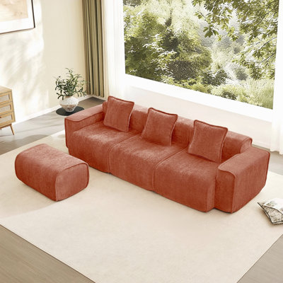 Streamlined Design Modular 3 Seat L Shape Sectional Boneless Sofa With French Edge Piping, No Assembly Required, 3-Seat Sofa Couch With Throw Pillows And 1 Movable Ottoman, Velvet Fabric
