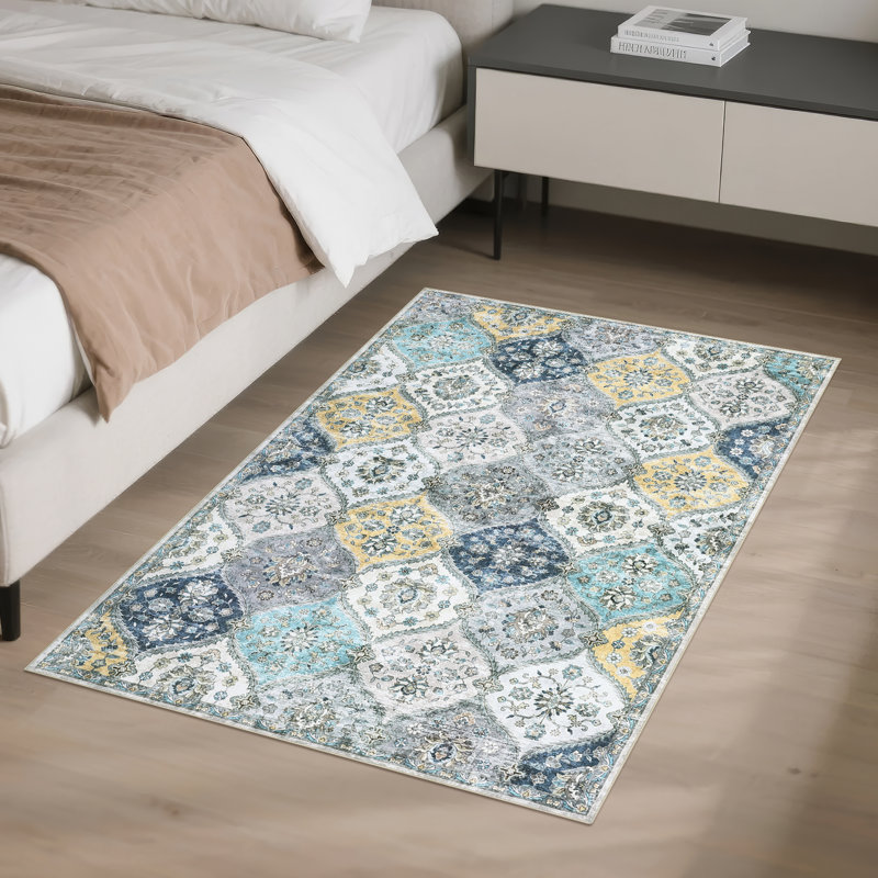 Rectangle Floral Washable Area Rug, Yellow, Rectangle 80 x 150 cm