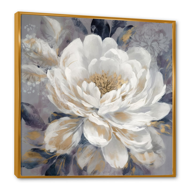 Emotion of White Gold Peony Flower I - pivoines, art mural, H 16 po x l 16 po x P 1 po, Cadre flottant doré