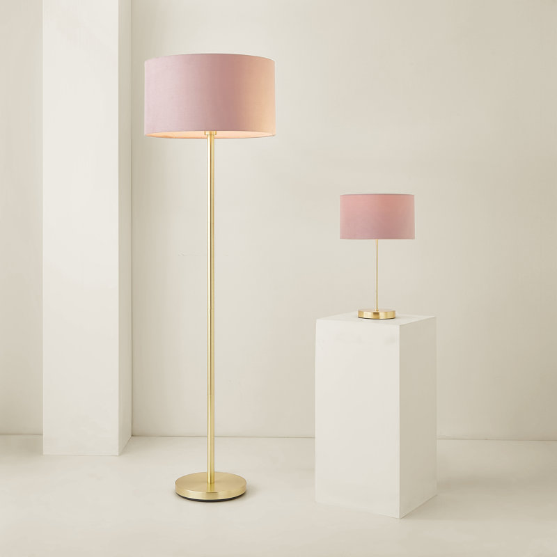 Dadiva Brushed Chrome Stem Table Lamp with Velvet Reni Shade, 38cm H x 17.5 cm W x 44.45cm D, Gold Base/Blush Shade , No