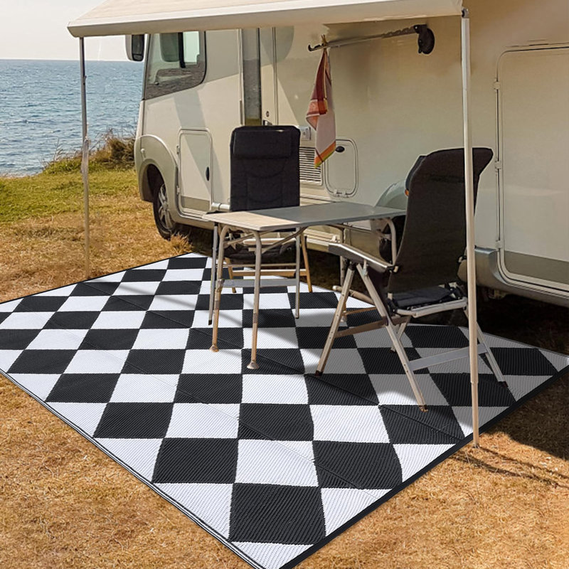Outdoor Rug 8x10 Waterproof Patio Rug Reversible Plastic Straw Rugs Camping Mat Modern Geometric Portable Foldable Large Rugs for RV Porch Balcony Picnic Beach Backyard