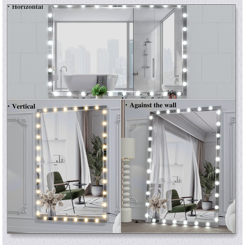 Hollywood LED Full Body Mirror With 3 Color Modes, Extra Large 72X48 Inch Aluminum Vanity Mirror For Dressing Rooms And Bedrooms