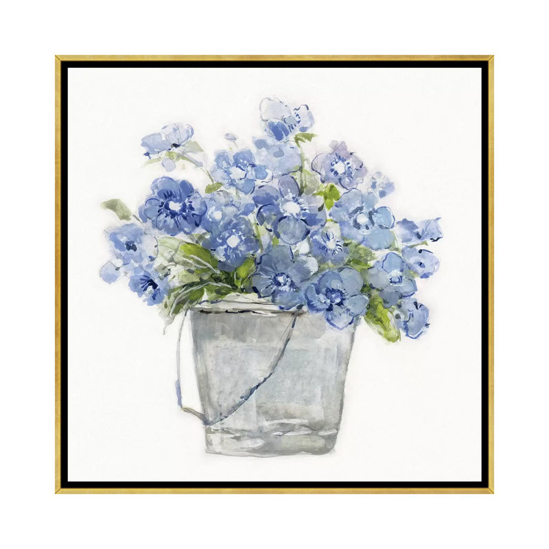 «Blue Belles II» par Sally Swatland - reproduction d'art, H 26 po x l 26 po x P 1,5 po, Toile encadrée d'or, Pas de tapis