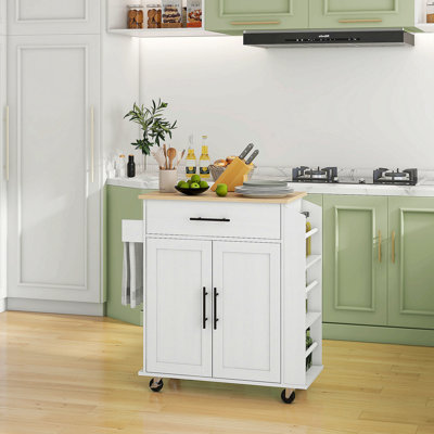 Îlot de cuisine avec rangement, chariot de cuisine roulant avec prises CA et ports USB, support pour micro-ondes avec serviette et support à épices, blanc