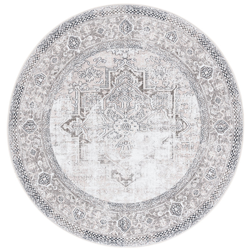 Tapis de style sud-ouest en velours / feutre Wajahat Orlando lavable à la machine en taupe / beige, Rond 6 pi 7 po