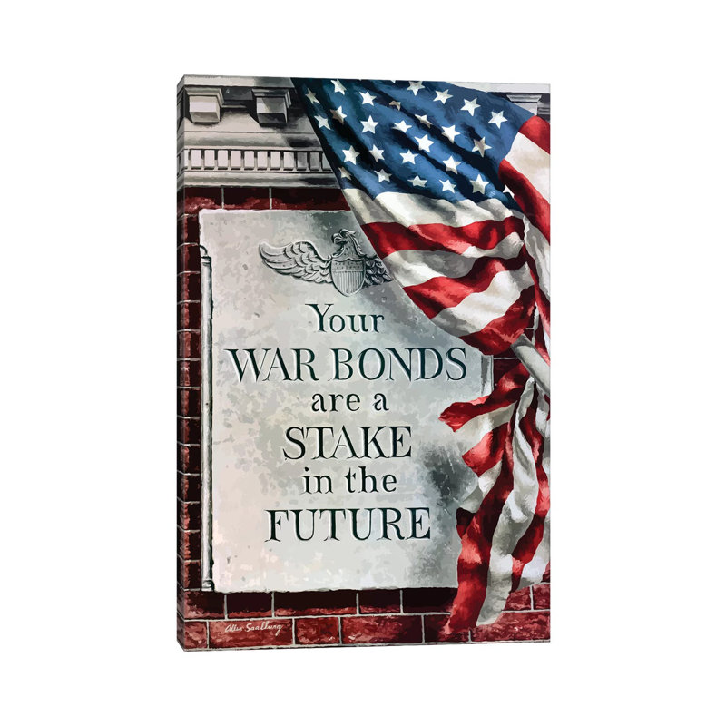 Vintage WWII Poster of the American Flag and a Sign on a Brick Building 1 Piece Wrapped Canvas Wall Art