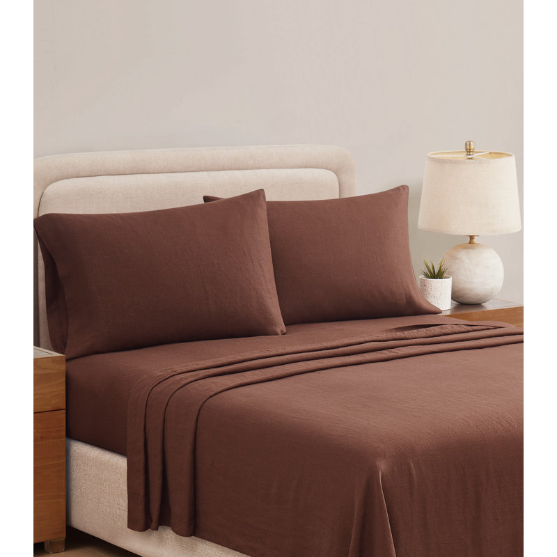 Nena 100% Linen Standard Sheet Set, King Sheet Set with 2 Pillowcases, Brown