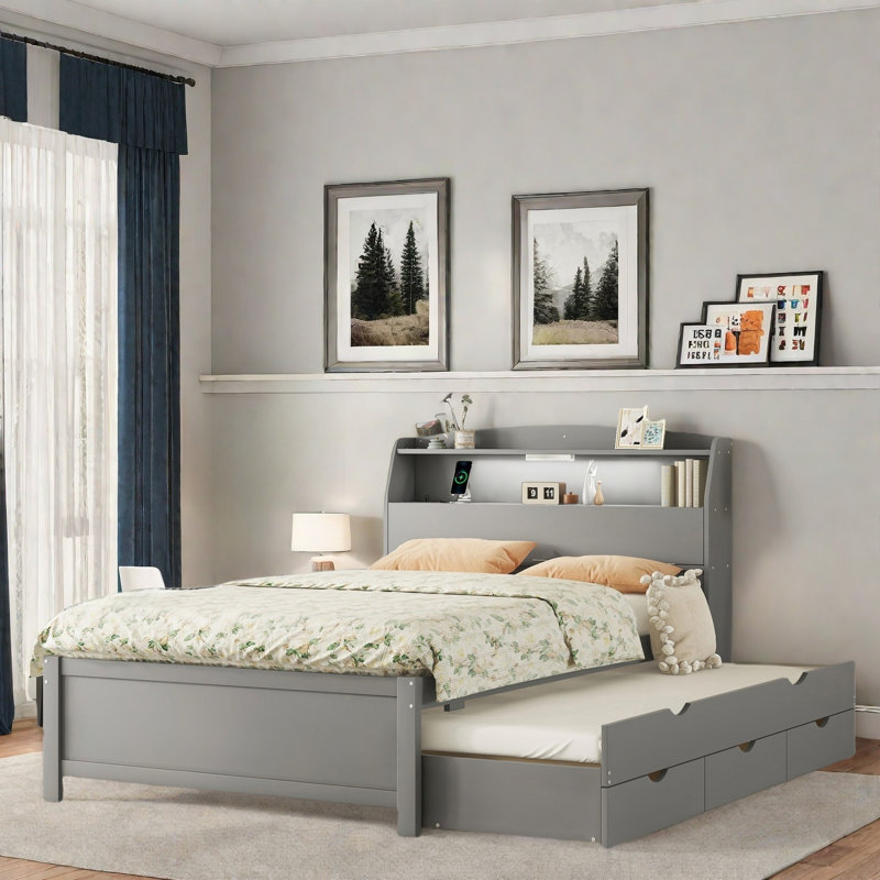 Lit plateforme en bois avec lit gigogne, tête de lit et tiroirs de rangement, Double, Gris