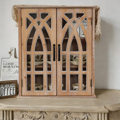 Vintage Wall-Mounted Cabinet with Decorative Cutout Doors, Rustic Wooden Hanging Storage Cabinet for Bathroom, Living Room, Bedroom, Farmhouse Style (Natural Wood)