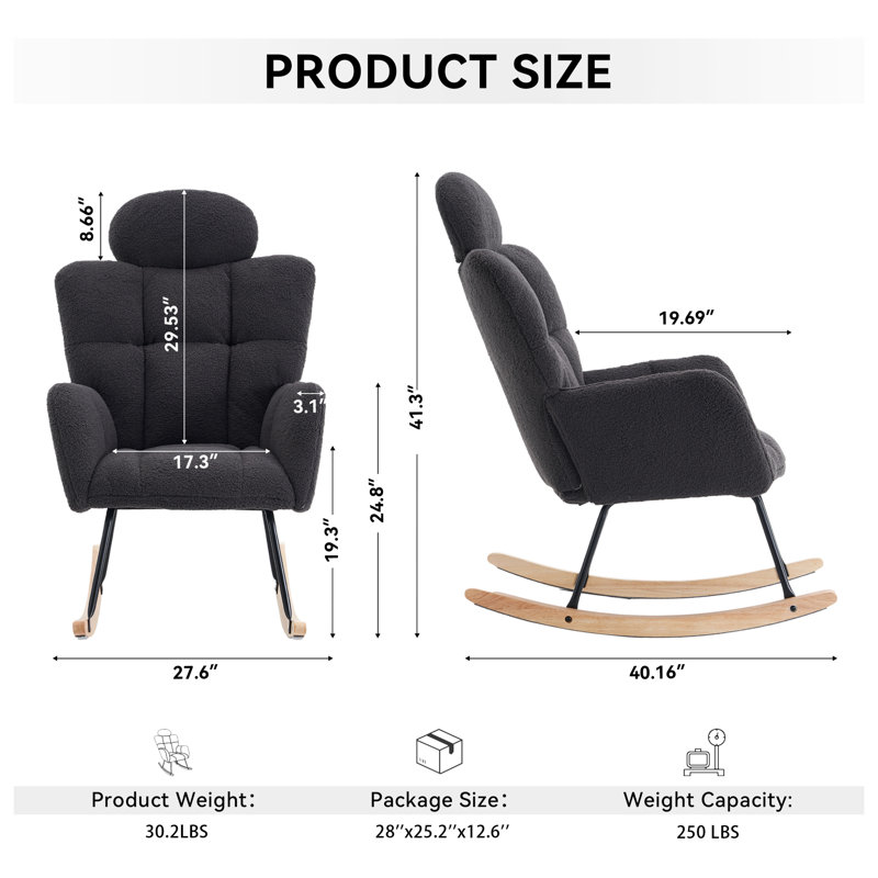 Chaise berçante rembourrée Modern Teddy - Siège rembourré pour le salon / la chambre à coucher, Gris foncé