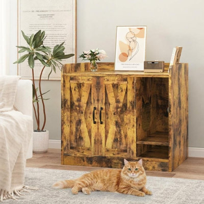 Spacious Double Cat Litter Box Enclosure Furniture - Modern Wooden Hidden Cat Washroom Cabinet with Divider, Storage Bench