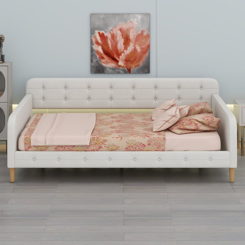 Upholstered Daybed With 4 Support Legs, Beige