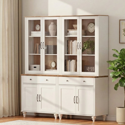 Bibliothèque Corretta à 5 niveaux (183 cm H x 173 cm L) avec portes vitrées, style ferme, avec grand espace de rangement, idéale pour le salon, le bureau ou la cuisine. Couleur : blanc.