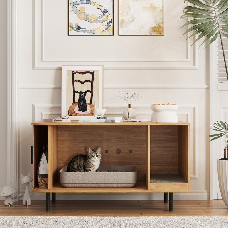 Cat Litter Box Enclosure With Cat Scratch Pad, Light Brown