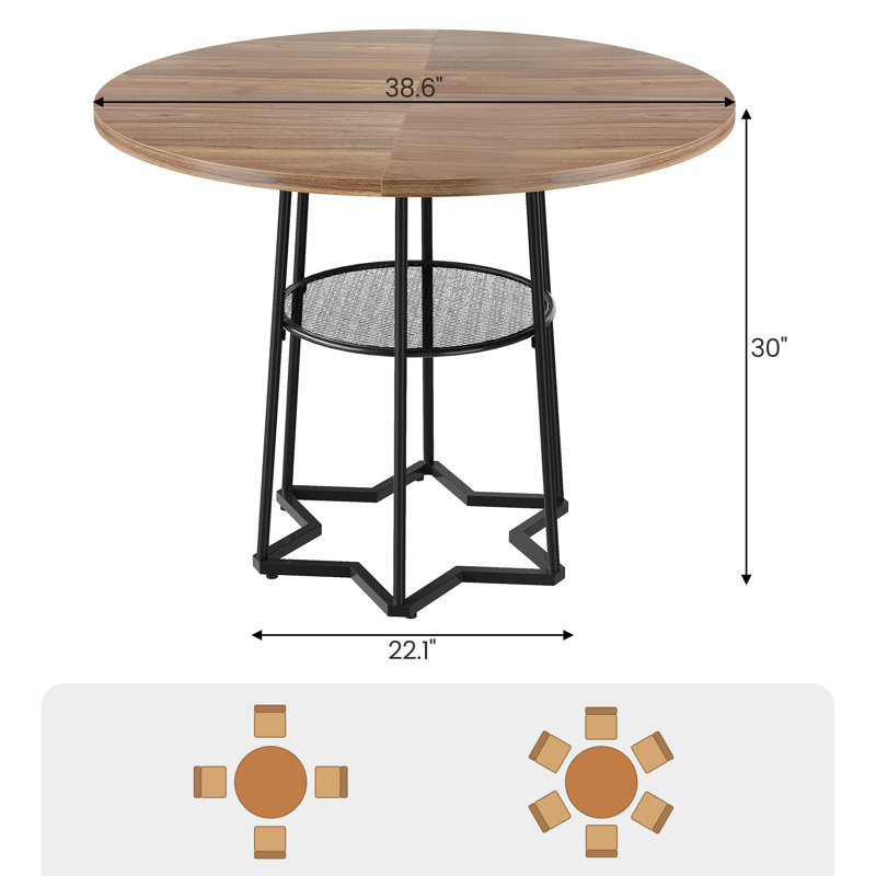 Round Dining Table For 4, 38.6 Inch Wood Dining Room Table With Storage Shelf, Brown