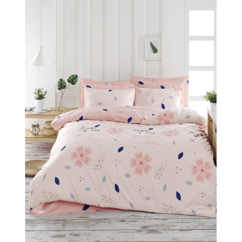 Ensemble de housse de couette 100% coton rose Promfret, Housse de couette double + 2 taies d'oreiller 24 p