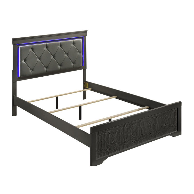 Lit simple rembourré gris métallique avec éclairage à DEL, style moderne, cadre en bois pour tête de lit, revêtement,, Twin