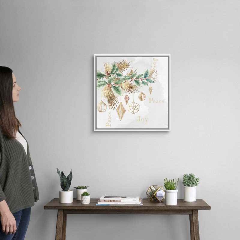 Peace & Joy Branch - Textual Art on Canvas, White Framed, 22" H x 22" W x 1.75" D