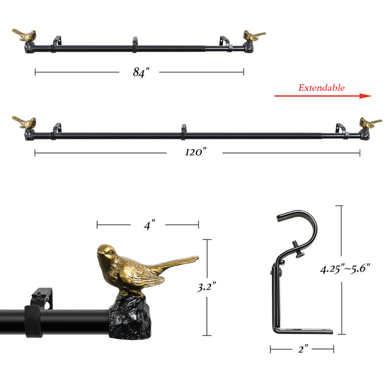Renaissance Gold Bird Finial Adjustable Curtain Rod, 84"-120"
