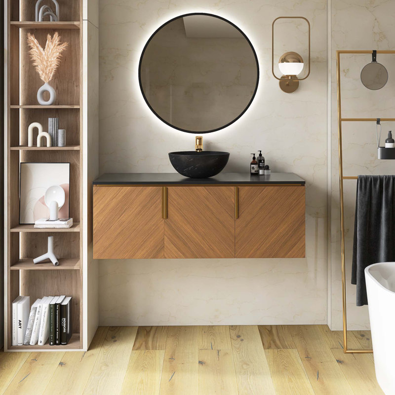Meuble-lavabo mural en contreplaqué avec comptoir en pierre frittée noire et lavabo et portes ronds en céramique, couleur grain de bois chêne brun