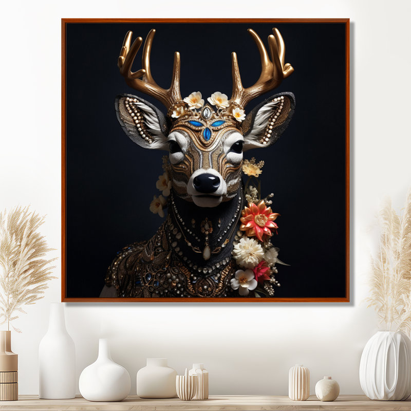 Glamour, bohème de cerf avec fleurs - décoration murale animal cerf, Toile avec cadre brun, H 30 po x l 30 po x P 1 po
