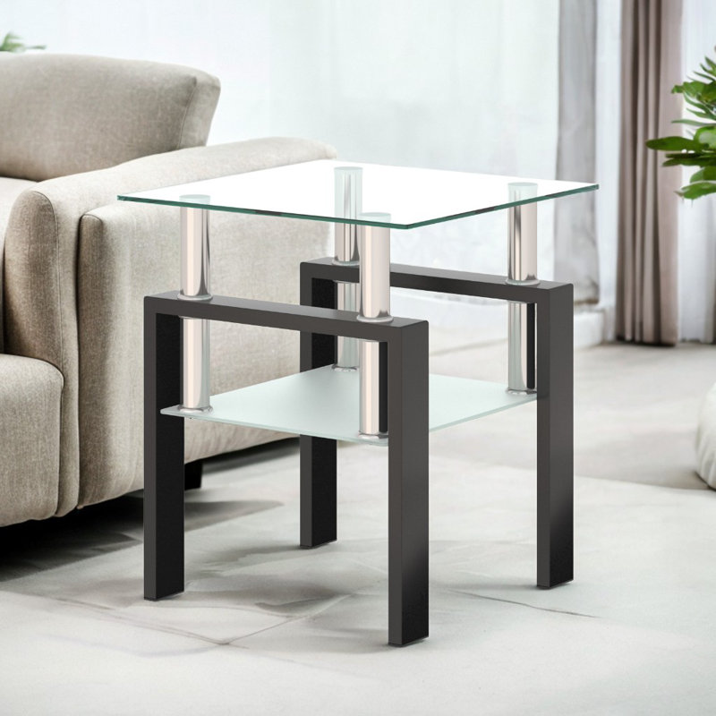 Tempered Glass Tea Table With Metal Legs, Black/Clear, 1