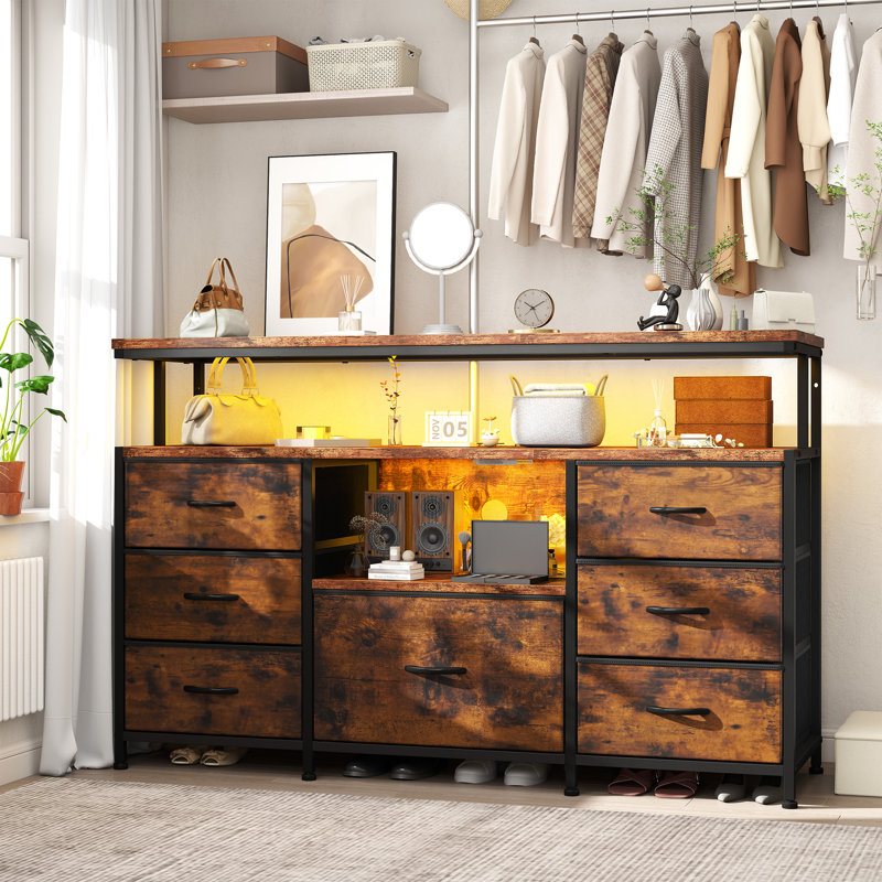 43.5" Dresser Tv Stand For 55" Tvs With Led Lighting, Built-in Power Outlet, Storage Shelves & 7 Fabric Drawers, Brown
