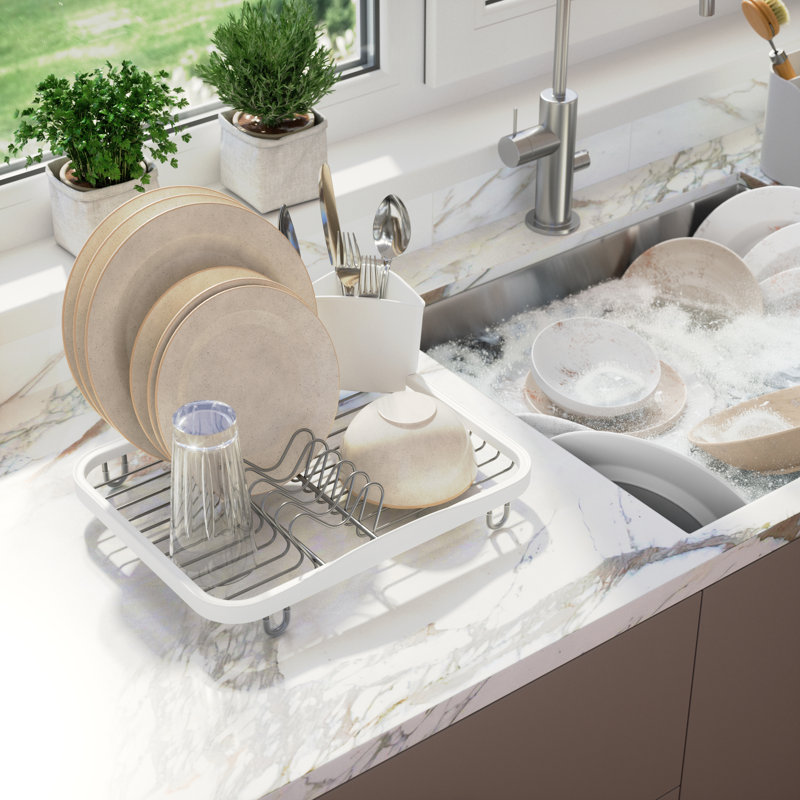 Sinkin Dish Rack, Lightweight Dish Drainer Kitchen Counter, White/Silver