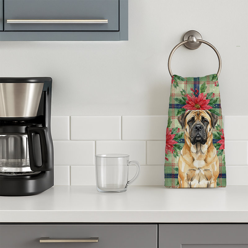 Fawn Mastiff Christmas PoinsettIas Kitchen Towel, Fawn Mastiff