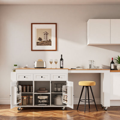 Rolling Kitchen Island With Extendable Dining Table, Charging Station, Three-tier Open Side Storage Rack, 3 Drawers And 2 Storage Cabinets by Lark Manor
