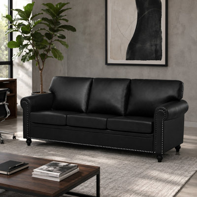 3-Seater Upholstered Sofa with Rolled Arms, Removable Seat Cushions, Silver Nailhead Trim, High-Density Foam & Pocket Spring Seats, Solid Wood Legs, Traditional Living Room Couch（Black）
