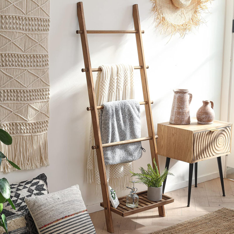 5Ft Rustic Farmhouse Wooden Blanket Ladder With Bottom Shelf: Decorative Wall-Leaning Towel Rack, Bathroom Storage, And Quilt Display Holder In Light Brown