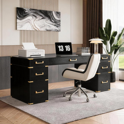 Bureau de direction de 70 po de grande taille, bureau d'écriture au design classique et traditionnel avec bordure en métal et ports USB