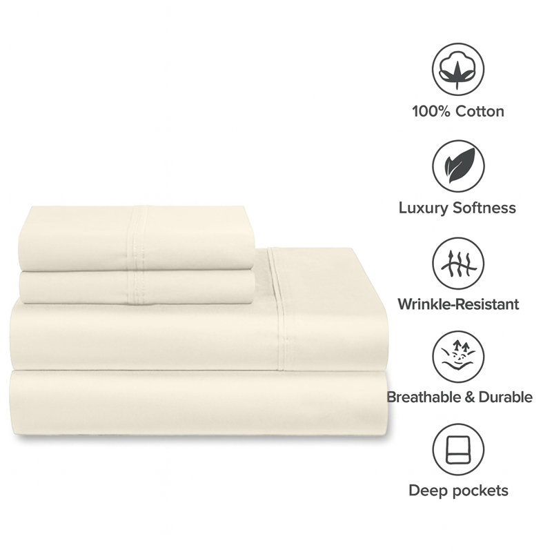 Milan Collection 1000 Thread Count 100% Cotton Sheet Set, Full Sheet Set with 2 Pillowcases, Ivory