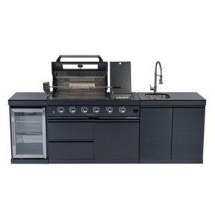 Airwire 104-inch Modular Outdoor Kitchen Island: 4-burner 72000 Btu Gas Grill With Stainless Steel Sink, Wine Cooler Refrigerator, Granite Countertop, Rotisserie Kit, 304 Stainless Steel Bbq Bar Center