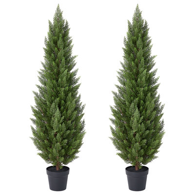 5ft UV Resistant Artificial Cedar Tree With Real Wood Trunk, Set of 2 Tall Faux Cypress Topiary Outdoor Tree, Potted Evergreen Plants For Front Porch Entryway Decor