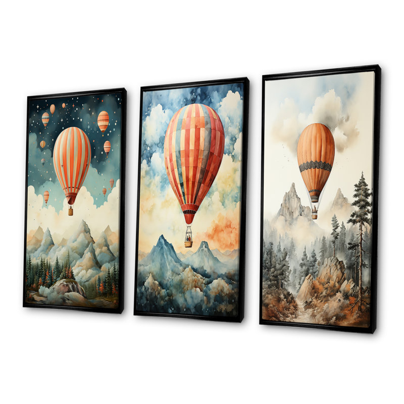 Une montgolfière en vol vue sur la montagne - Ensemble de 4 décorations murales en montgolfière, Cadre flottant noir